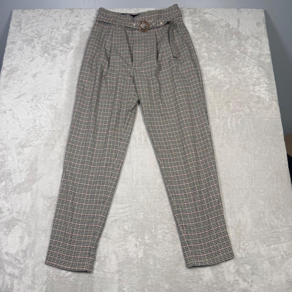MNG Basics Plaid Belted Trousers Women's‎ Size 8 High Waist Pleated Pants Office
